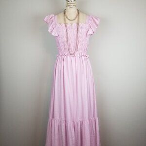 Moon River Pink A Line Midi Dress Smocked Bodice Flutter Sleeves * Medium